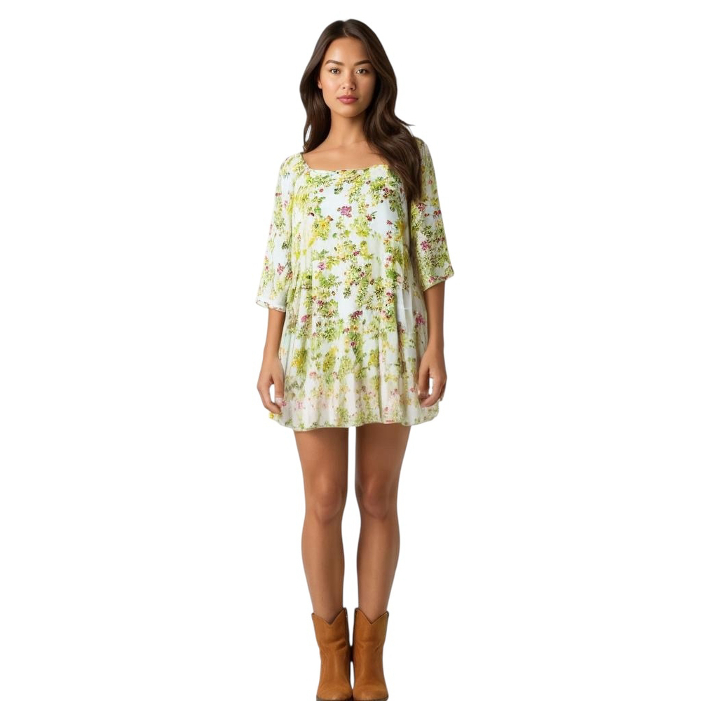 Cactus + Pearl Mini Dress L Multi Floral Shift Babydoll Square Neck Boho Chic